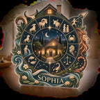 Personalized Zodiac Wheel Housewarming custom shape acrylic plaque with an example name set into the artwork, digital preview