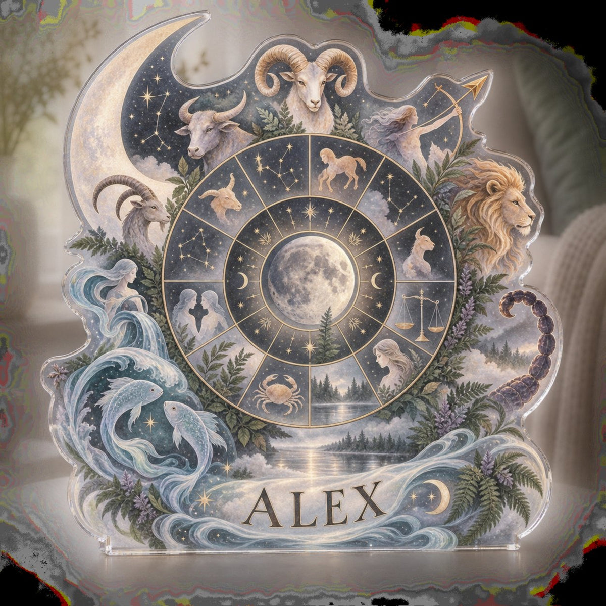 Personalized Zodiac Wheel Quiet Corner Decoration custom shape acrylic plaque with an example name set into the artwork, digital preview