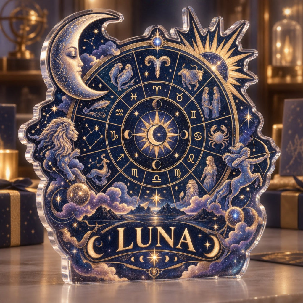 Personalized Zodiac Wheel Collector Birthday Keepsake custom shape acrylic plaque with an example name set into the artwork, digital preview