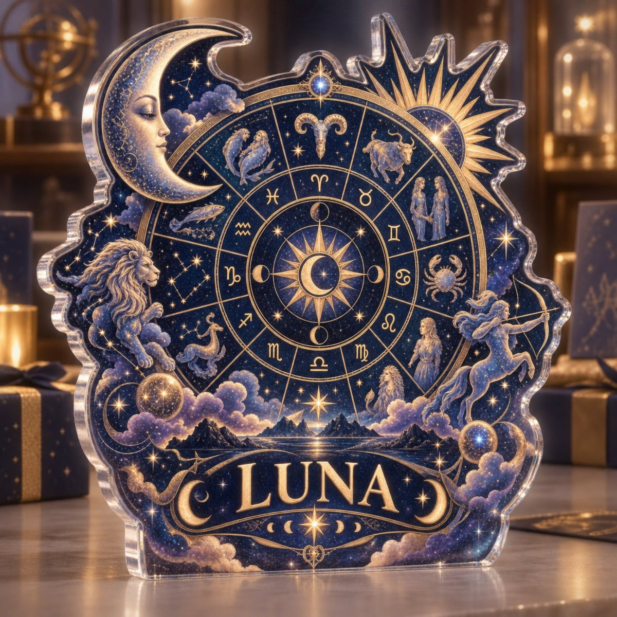 Personalized Zodiac Wheel Collector Birthday Keepsake custom shape acrylic plaque with an example name set into the artwork, digital preview