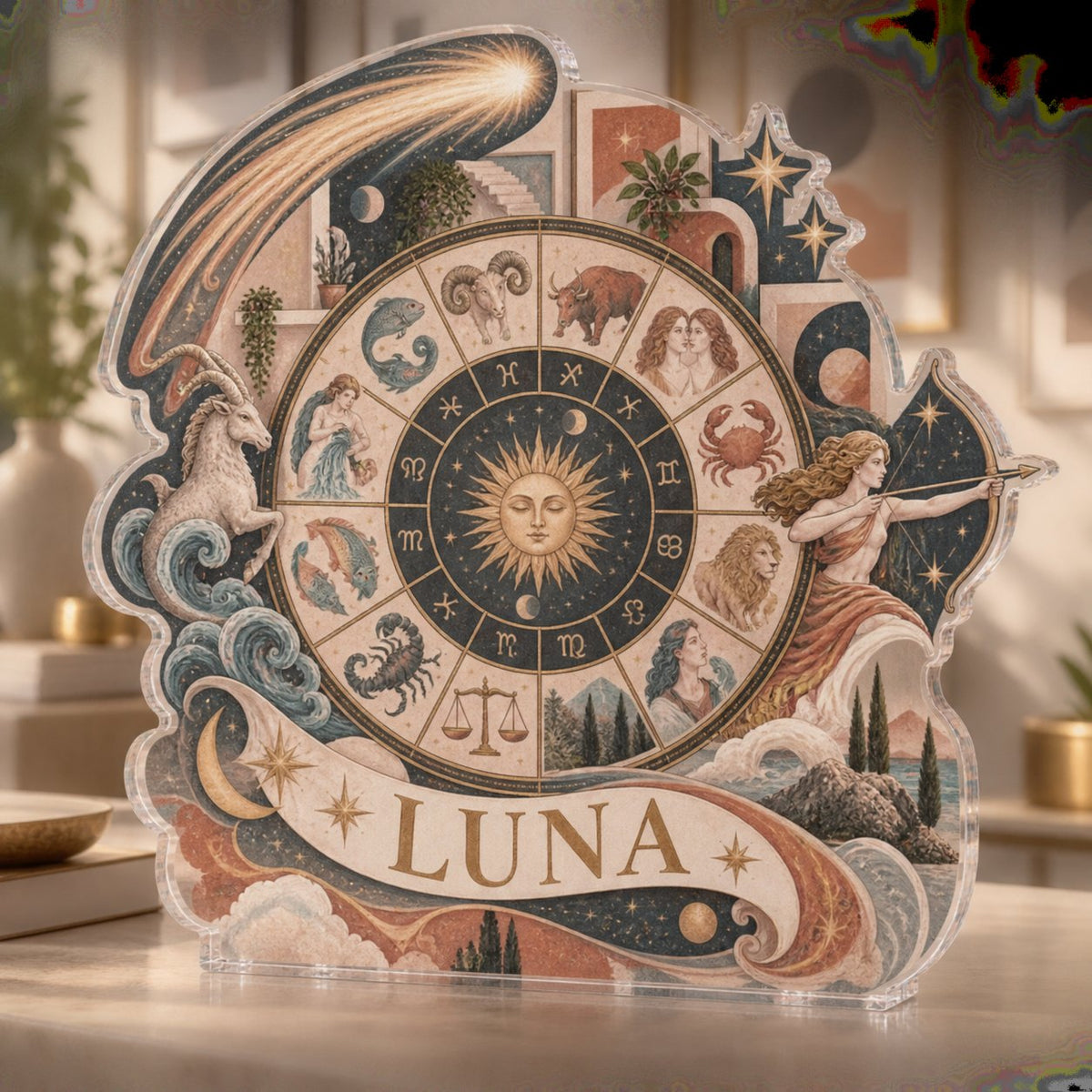 Personalized Zodiac Wheel Apartment Gallery Wall custom shape acrylic plaque with an example name set into the artwork, digital preview