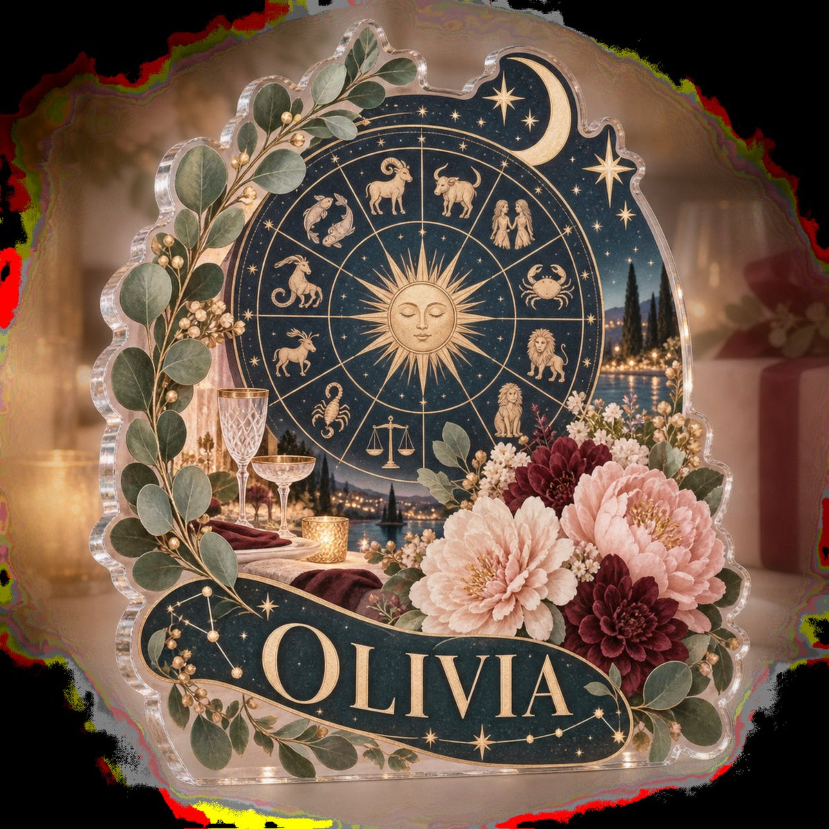 Personalized Zodiac Wheel Host Thank You Gift custom shape acrylic plaque with an example name set into the artwork, digital preview
