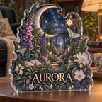 Personalized Celestial Botanical Garden Reading Nook Decor custom shape acrylic plaque with an example name set into the artwork, digital preview