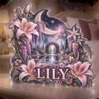 Personalized Celestial Botanical Garden Bedroom Statement Decor custom shape acrylic plaque with an example name set into the artwork, digital preview