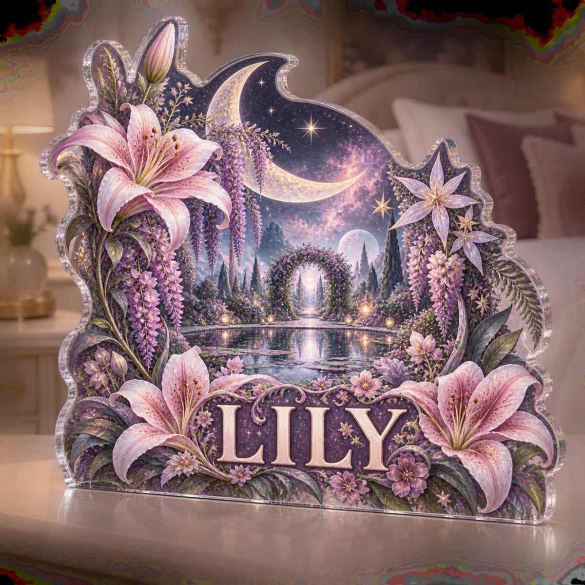 Personalized Celestial Botanical Garden Bedroom Statement Decor custom shape acrylic plaque with an example name set into the artwork, digital preview