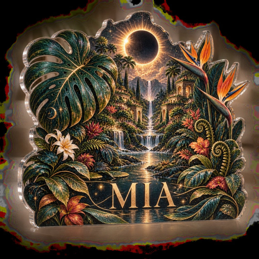 Personalized Celestial Botanical Garden Living Room Focal Point custom shape acrylic plaque with an example name set into the artwork, digital preview