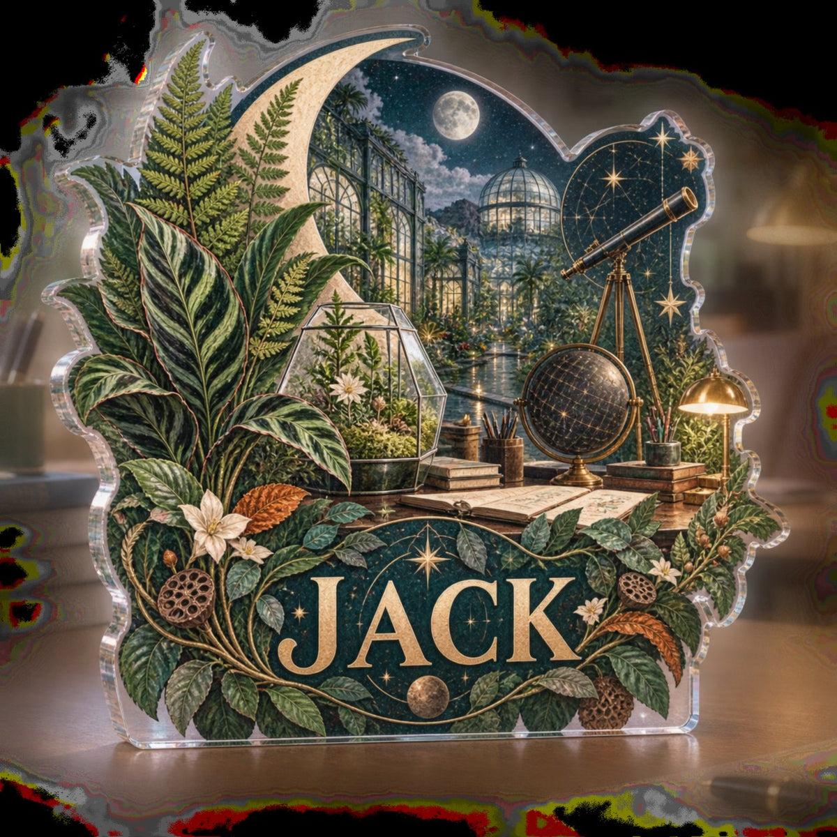 Personalized Celestial Botanical Garden Home Office Backdrop custom shape acrylic plaque with an example name set into the artwork, digital preview