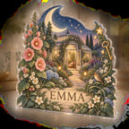 Personalized Celestial Botanical Garden Housewarming custom shape acrylic plaque with an example name set into the artwork, digital preview