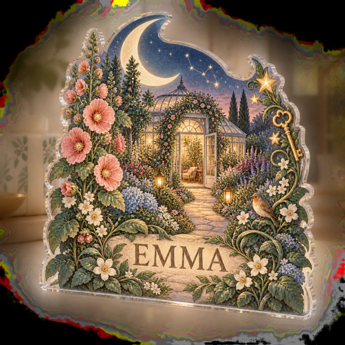 Personalized Celestial Botanical Garden Housewarming custom shape acrylic plaque with an example name set into the artwork, digital preview