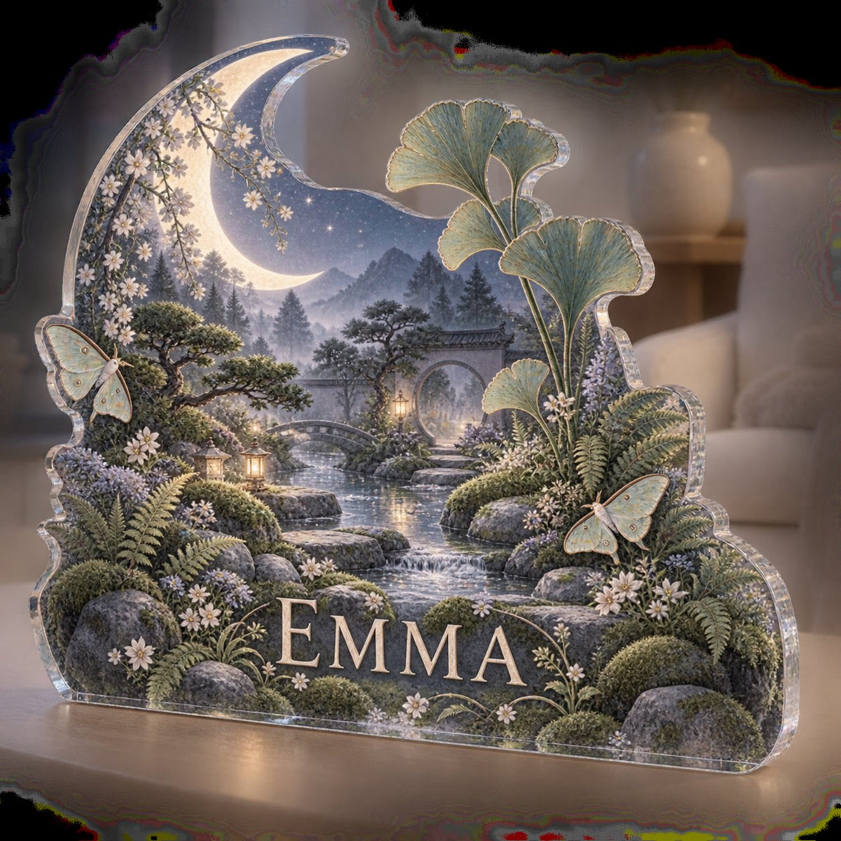 Personalized Celestial Botanical Garden Quiet Corner Decoration custom shape acrylic plaque with an example name set into the artwork, digital preview