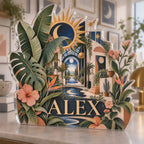 Personalized Celestial Botanical Garden Apartment Gallery Wall custom shape acrylic plaque with an example name set into the artwork, digital preview