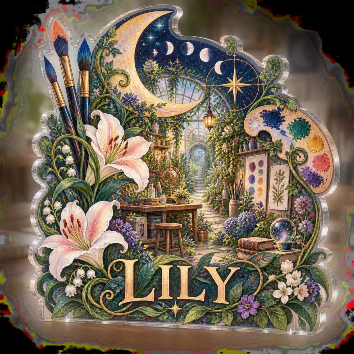 Personalized Celestial Botanical Garden Hobby Studio Identity custom shape acrylic plaque with an example name set into the artwork, digital preview