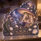 Personalized Celestial Mushroom Forest Bedroom Statement Decor custom shape acrylic plaque with an example name set into the artwork, digital preview