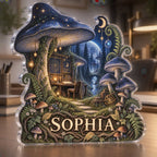 Personalized Celestial Mushroom Forest Home Office Backdrop custom shape acrylic plaque with an example name set into the artwork, digital preview