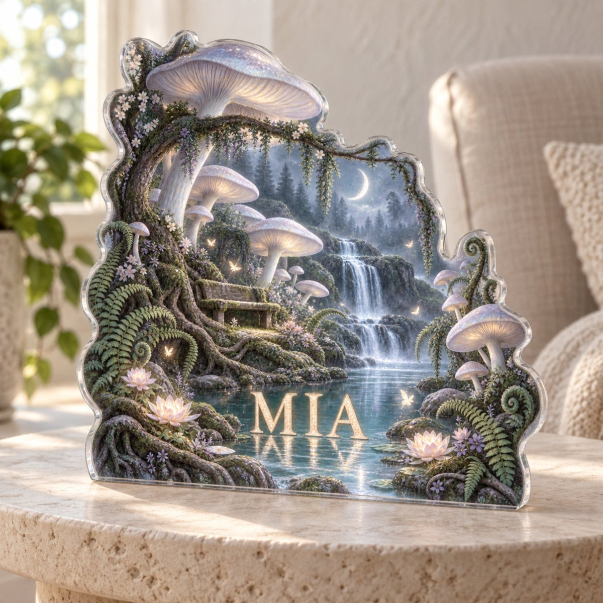 Personalized Celestial Mushroom Forest Quiet Corner Decoration custom shape acrylic plaque with an example name set into the artwork, digital preview