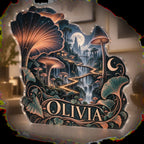 Personalized Celestial Mushroom Forest Apartment Gallery Wall custom shape acrylic plaque with an example name set into the artwork, digital preview