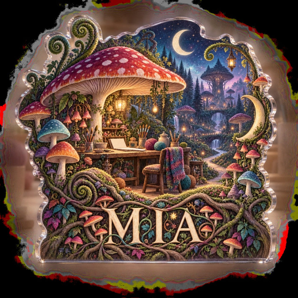Personalized Celestial Mushroom Forest Hobby Studio Identity custom shape acrylic plaque with an example name set into the artwork, digital preview