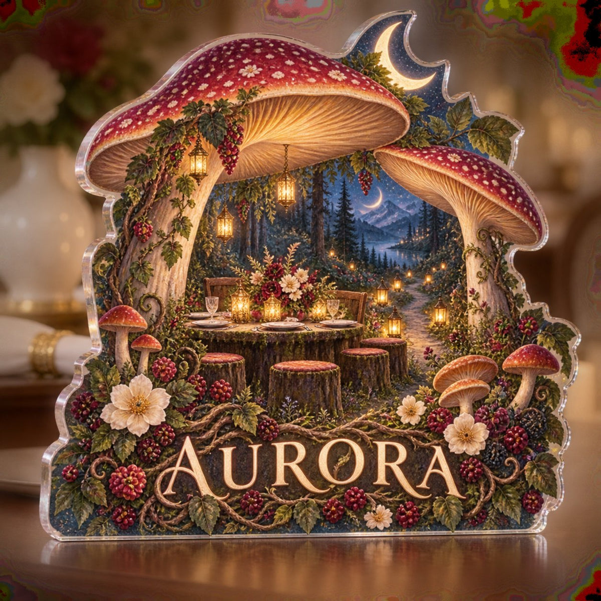 Personalized Celestial Mushroom Forest Host Thank You Gift custom shape acrylic plaque with an example name set into the artwork, digital preview