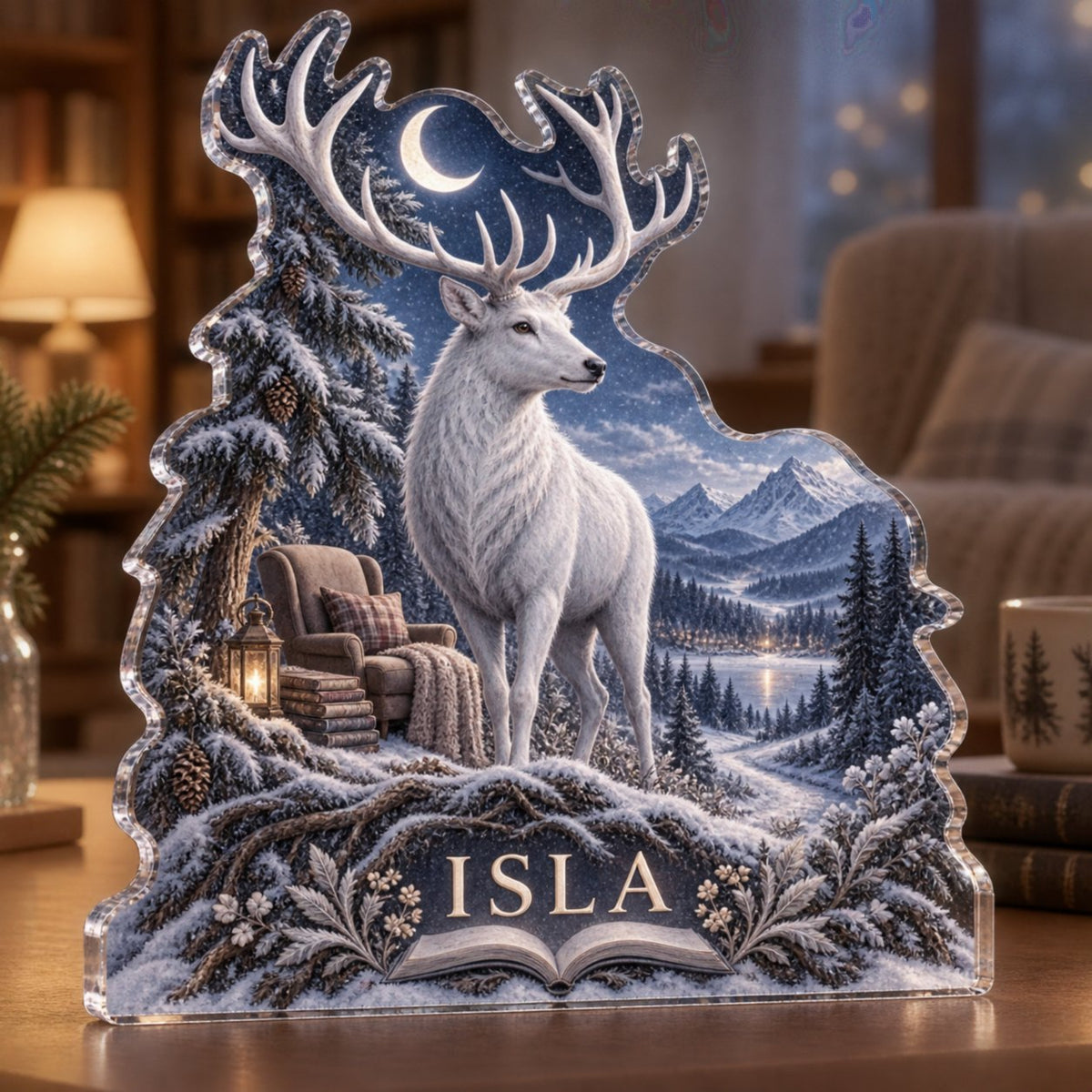Personalized Moonlit White Stag Reading Nook Decor custom shape acrylic plaque with an example name set into the artwork, digital preview