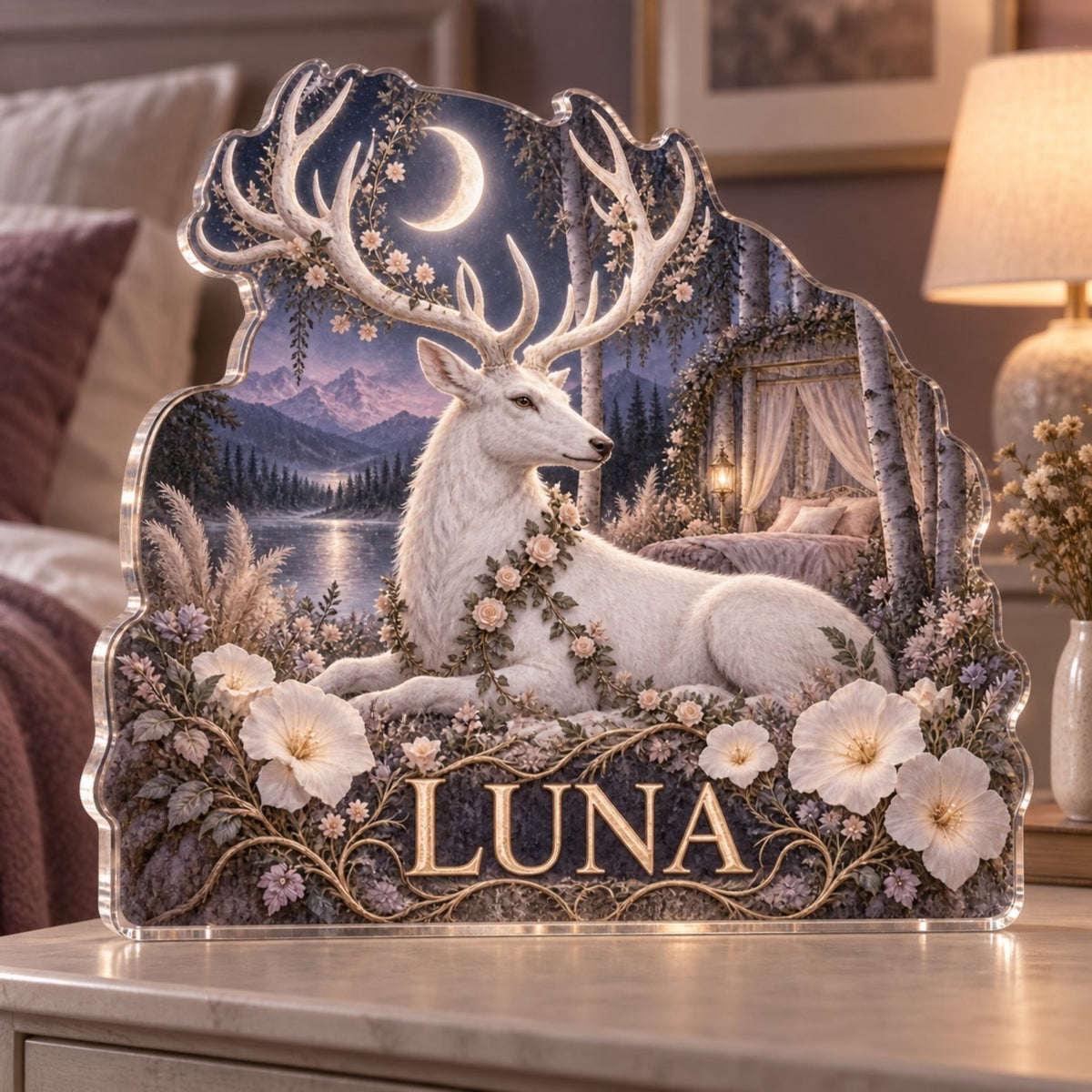 Personalized Moonlit White Stag Bedroom Statement Decor custom shape acrylic plaque with an example name set into the artwork, digital preview