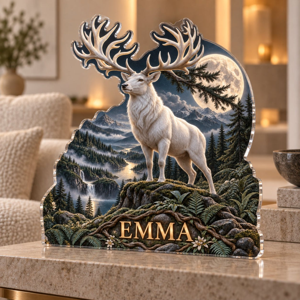 Personalized Moonlit White Stag Living Room Focal Point custom shape acrylic plaque with an example name set into the artwork, digital preview