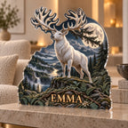 Personalized Moonlit White Stag Living Room Focal Point custom shape acrylic plaque with an example name set into the artwork, digital preview