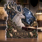 Personalized Moonlit White Stag Home Office Backdrop custom shape acrylic plaque with an example name set into the artwork, digital preview
