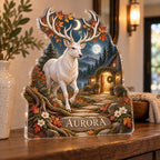Personalized Moonlit White Stag Housewarming custom shape acrylic plaque with an example name set into the artwork, digital preview