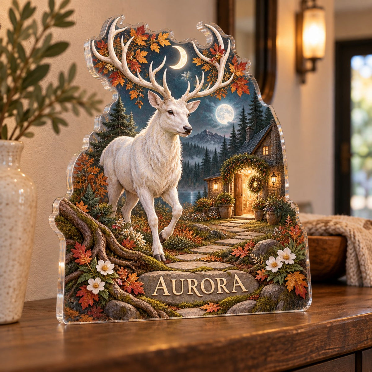 Personalized Moonlit White Stag Housewarming custom shape acrylic plaque with an example name set into the artwork, digital preview