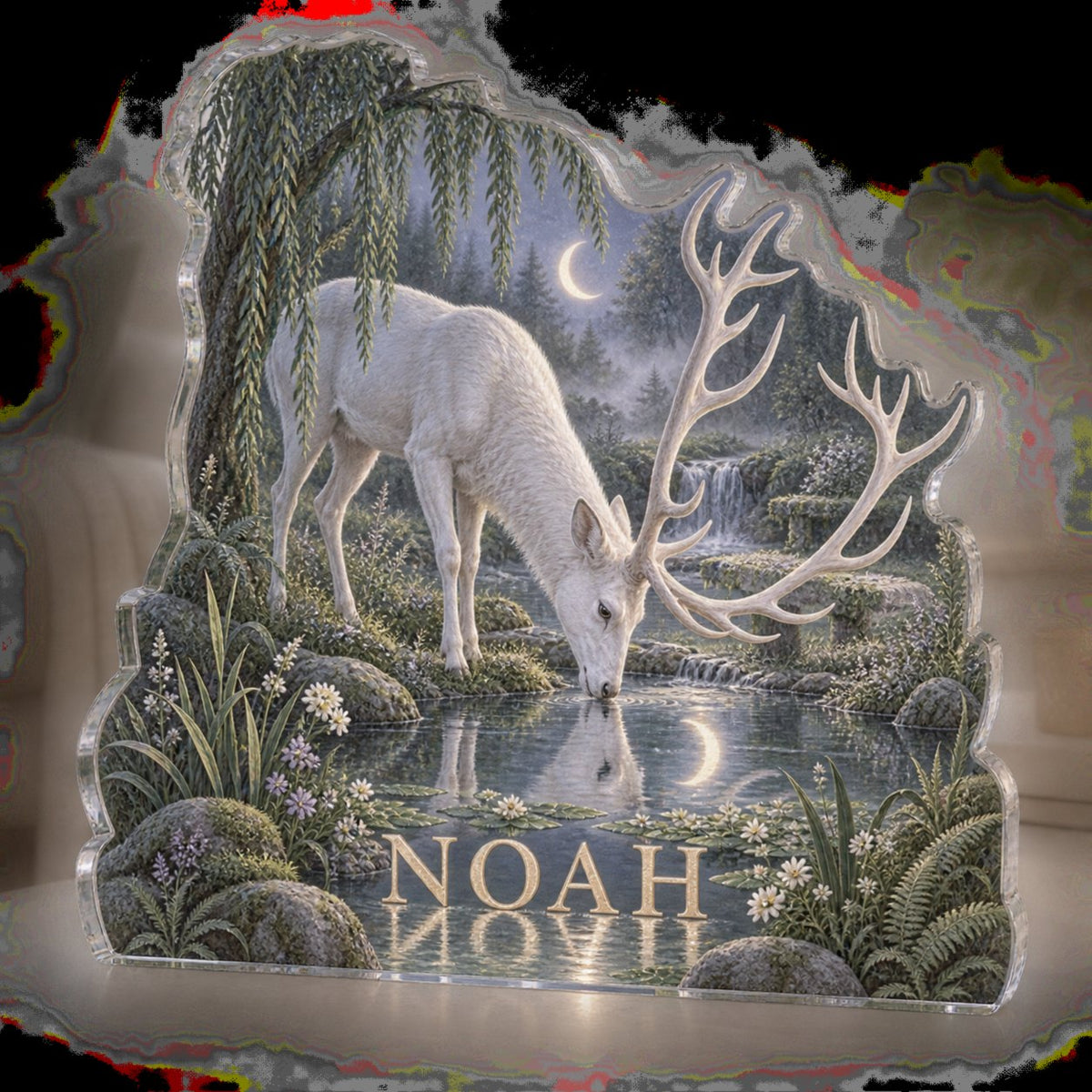 Personalized Moonlit White Stag Quiet Corner Decoration custom shape acrylic plaque with an example name set into the artwork, digital preview