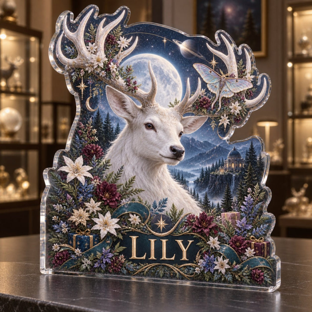 Personalized Moonlit White Stag Collector Birthday Keepsake custom shape acrylic plaque with an example name set into the artwork, digital preview