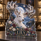 Personalized Moonlit White Stag Collector Birthday Keepsake custom shape acrylic plaque with an example name set into the artwork, digital preview