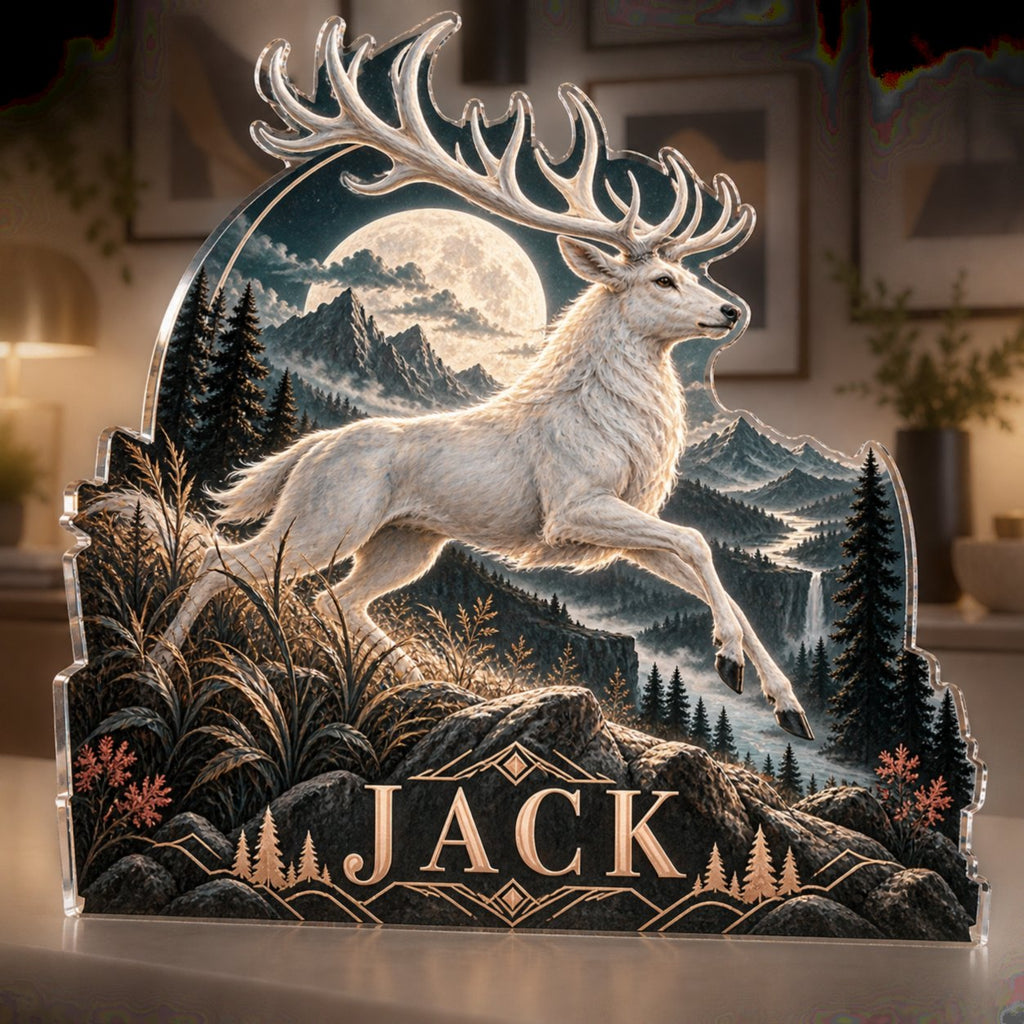 Personalized Moonlit White Stag Apartment Gallery Wall custom shape acrylic plaque with an example name set into the artwork, digital preview