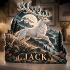 Personalized Moonlit White Stag Apartment Gallery Wall custom shape acrylic plaque with an example name set into the artwork, digital preview