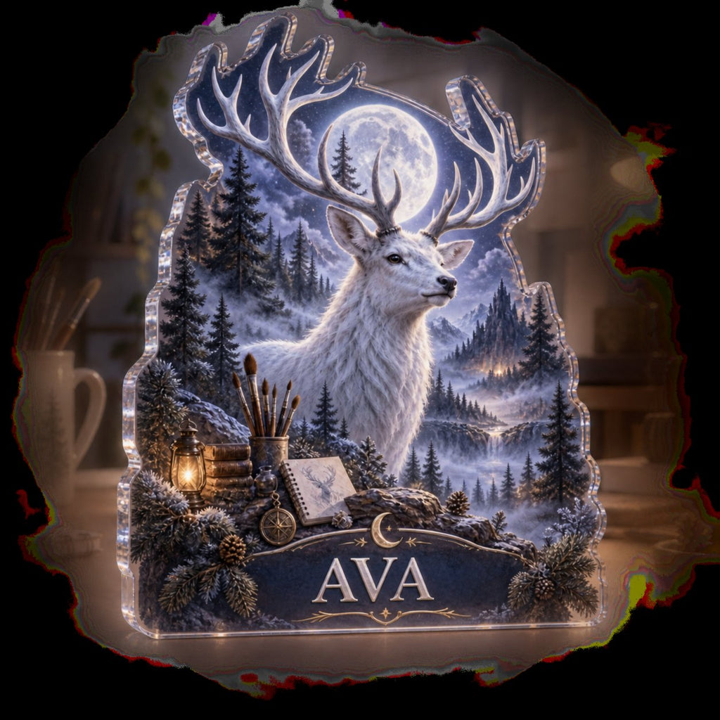 Personalized Moonlit White Stag Hobby Studio Identity custom shape acrylic plaque with an example name set into the artwork, digital preview