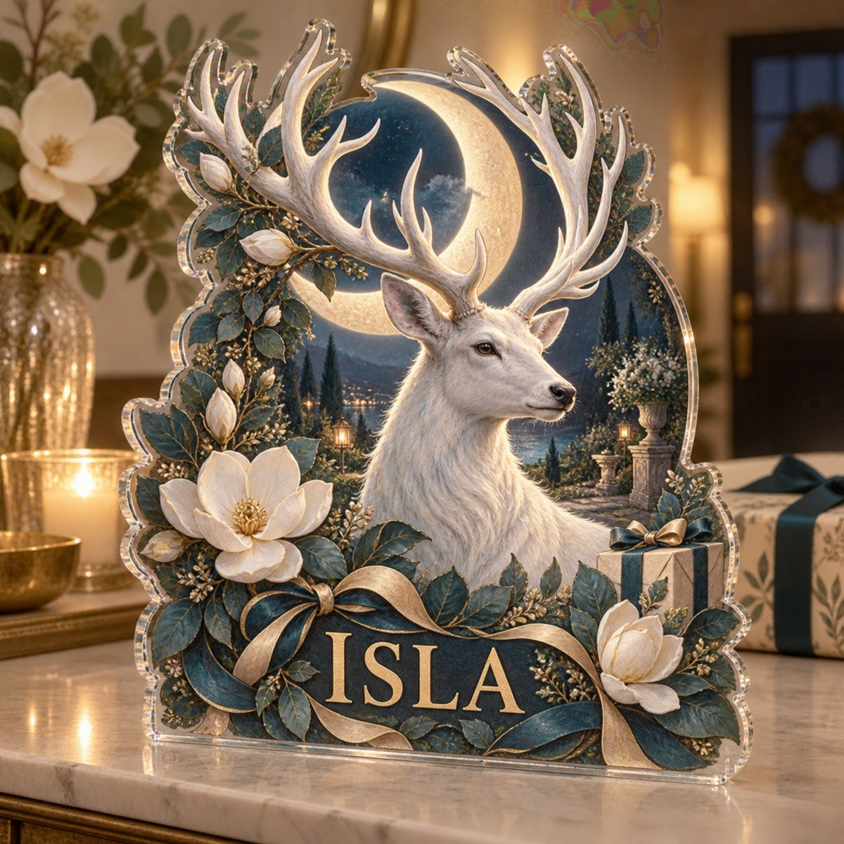 Personalized Moonlit White Stag Host Thank You Gift custom shape acrylic plaque with an example name set into the artwork, digital preview