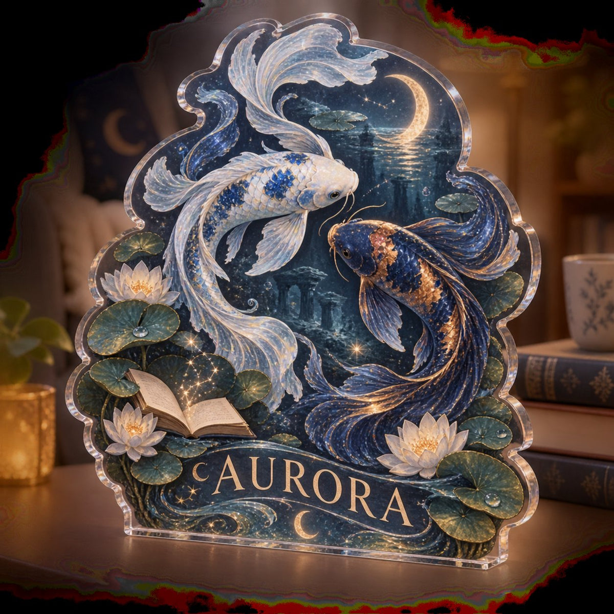 Personalized Celestial Koi Reading Nook Decor custom shape acrylic plaque with an example name set into the artwork, digital preview