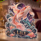 Personalized Celestial Koi Bedroom Statement Decor custom shape acrylic plaque with an example name set into the artwork, digital preview
