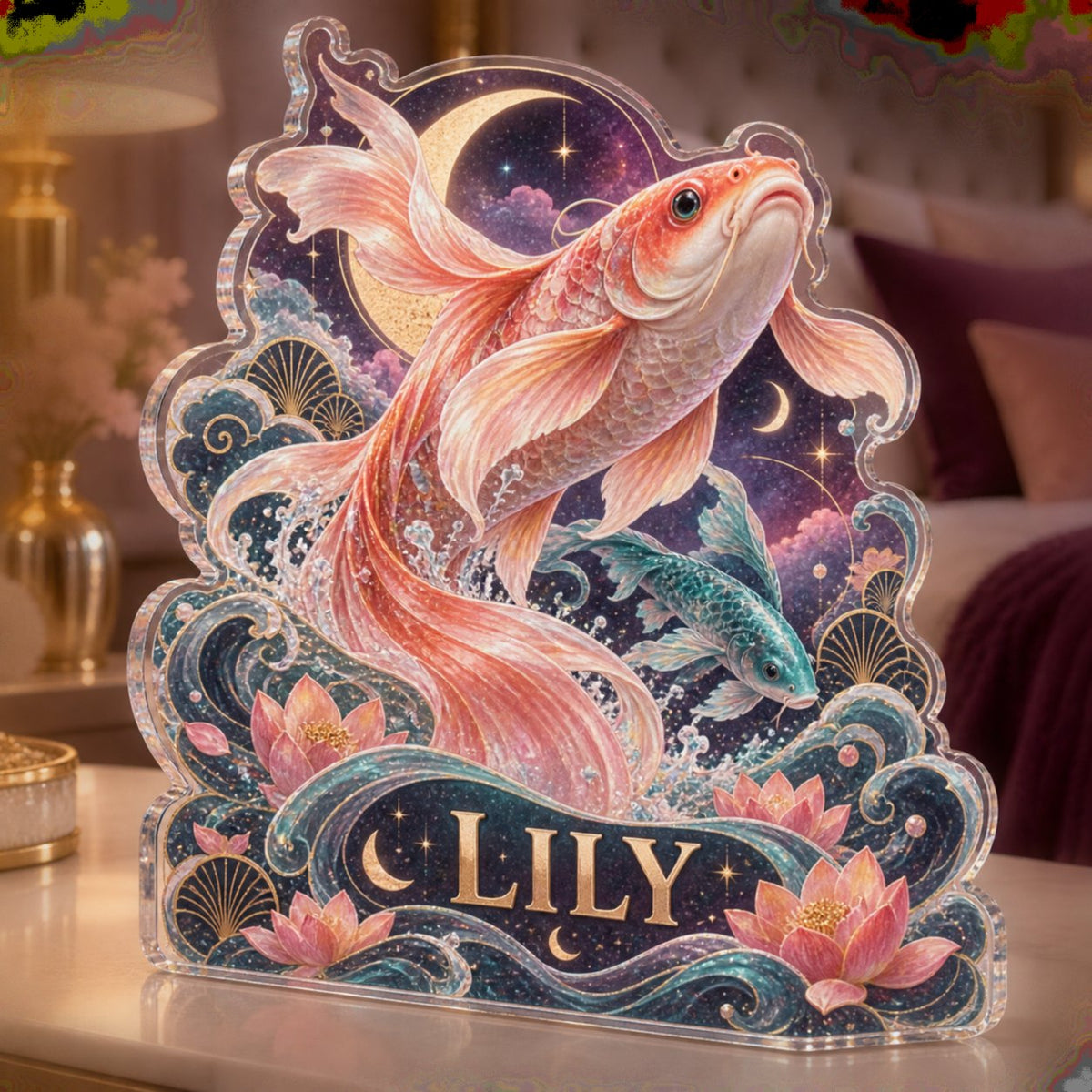 Personalized Celestial Koi Bedroom Statement Decor custom shape acrylic plaque with an example name set into the artwork, digital preview