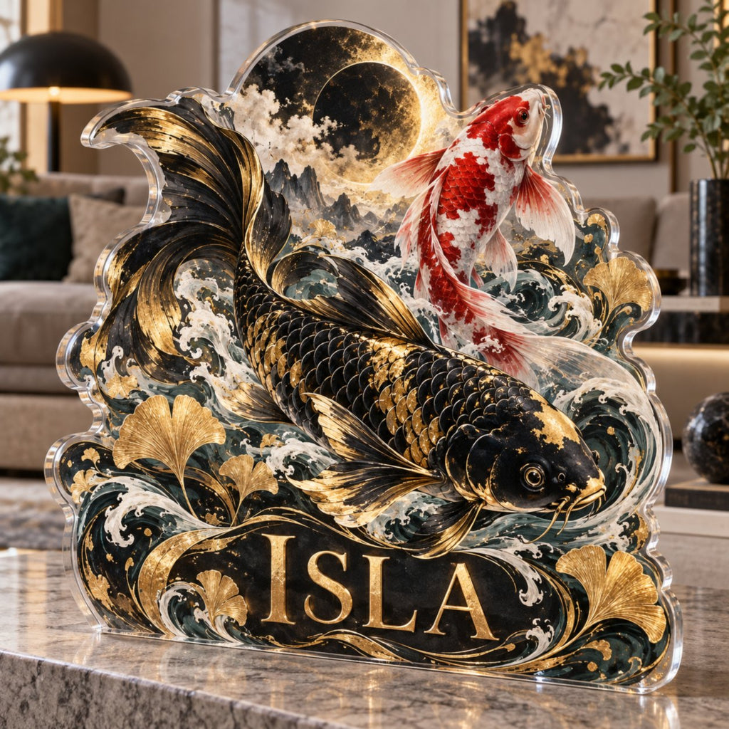 Personalized Celestial Koi Living Room Focal Point custom shape acrylic plaque with an example name set into the artwork, digital preview