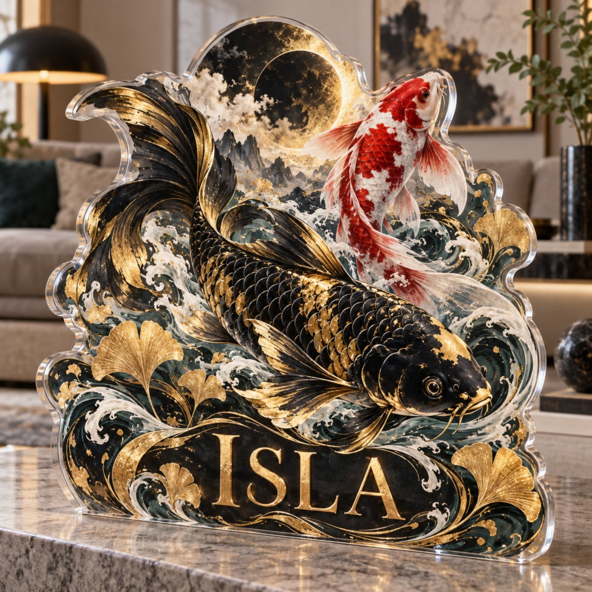 Personalized Celestial Koi Living Room Focal Point custom shape acrylic plaque with an example name set into the artwork, digital preview