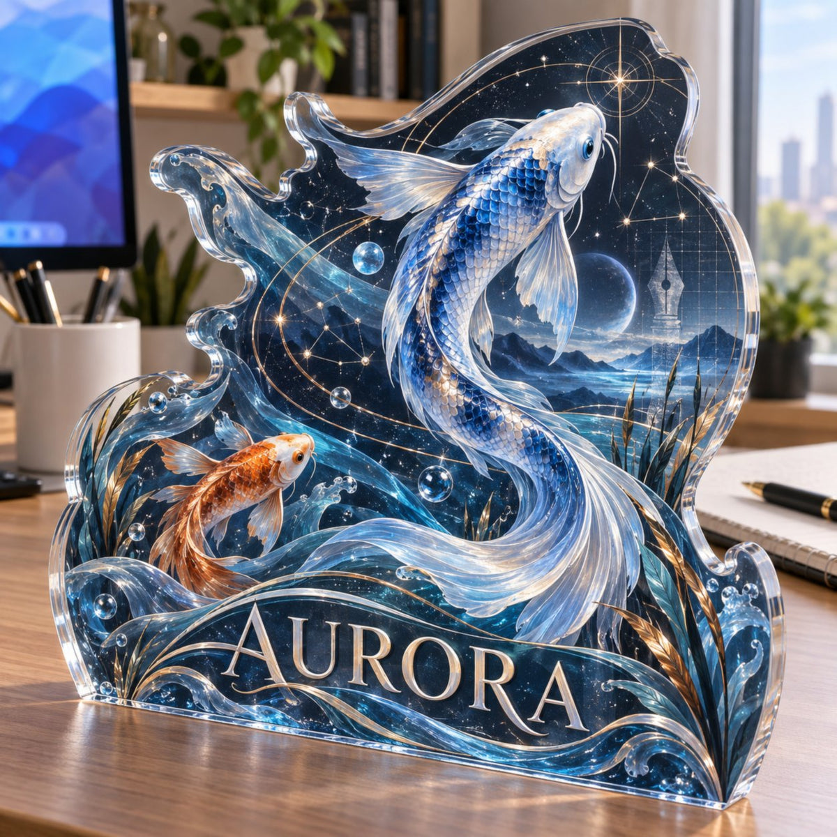 Personalized Celestial Koi Home Office Backdrop custom shape acrylic plaque with an example name set into the artwork, digital preview
