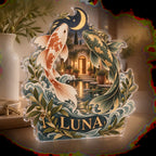 Personalized Celestial Koi Housewarming custom shape acrylic plaque with an example name set into the artwork, digital preview