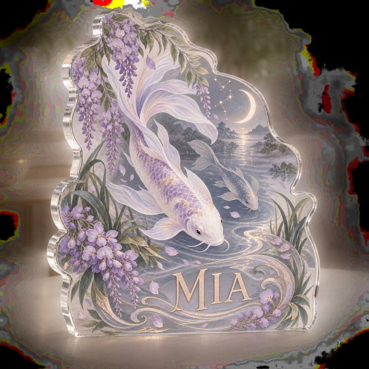 Personalized Celestial Koi Quiet Corner Decoration custom shape acrylic plaque with an example name set into the artwork, digital preview