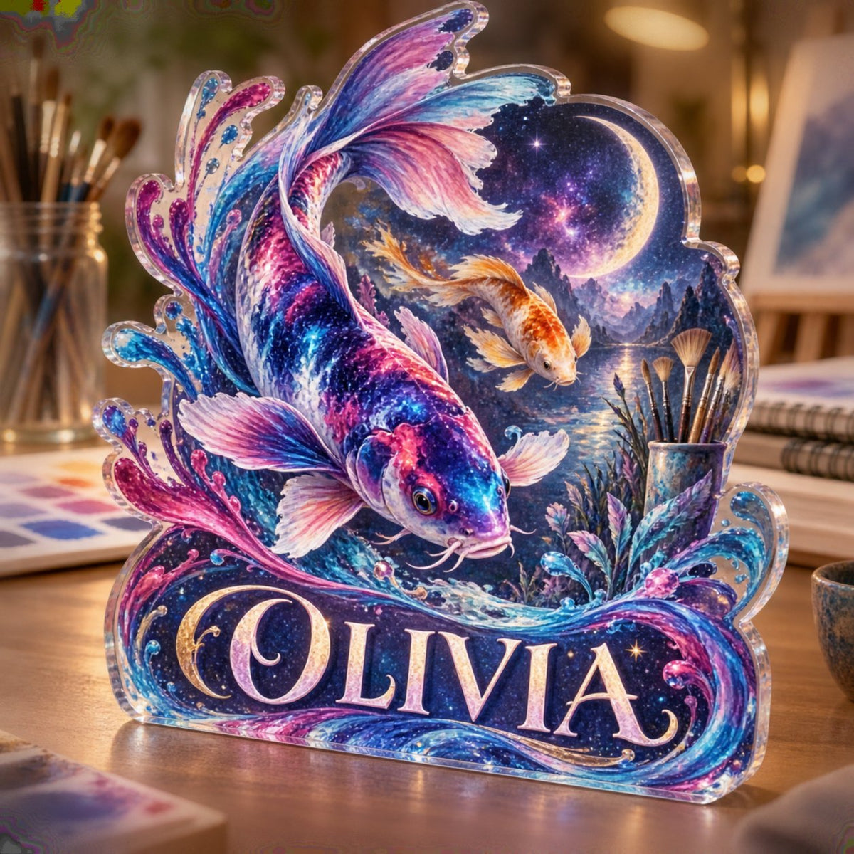 Personalized Celestial Koi Hobby Studio Identity custom shape acrylic plaque with an example name set into the artwork, digital preview