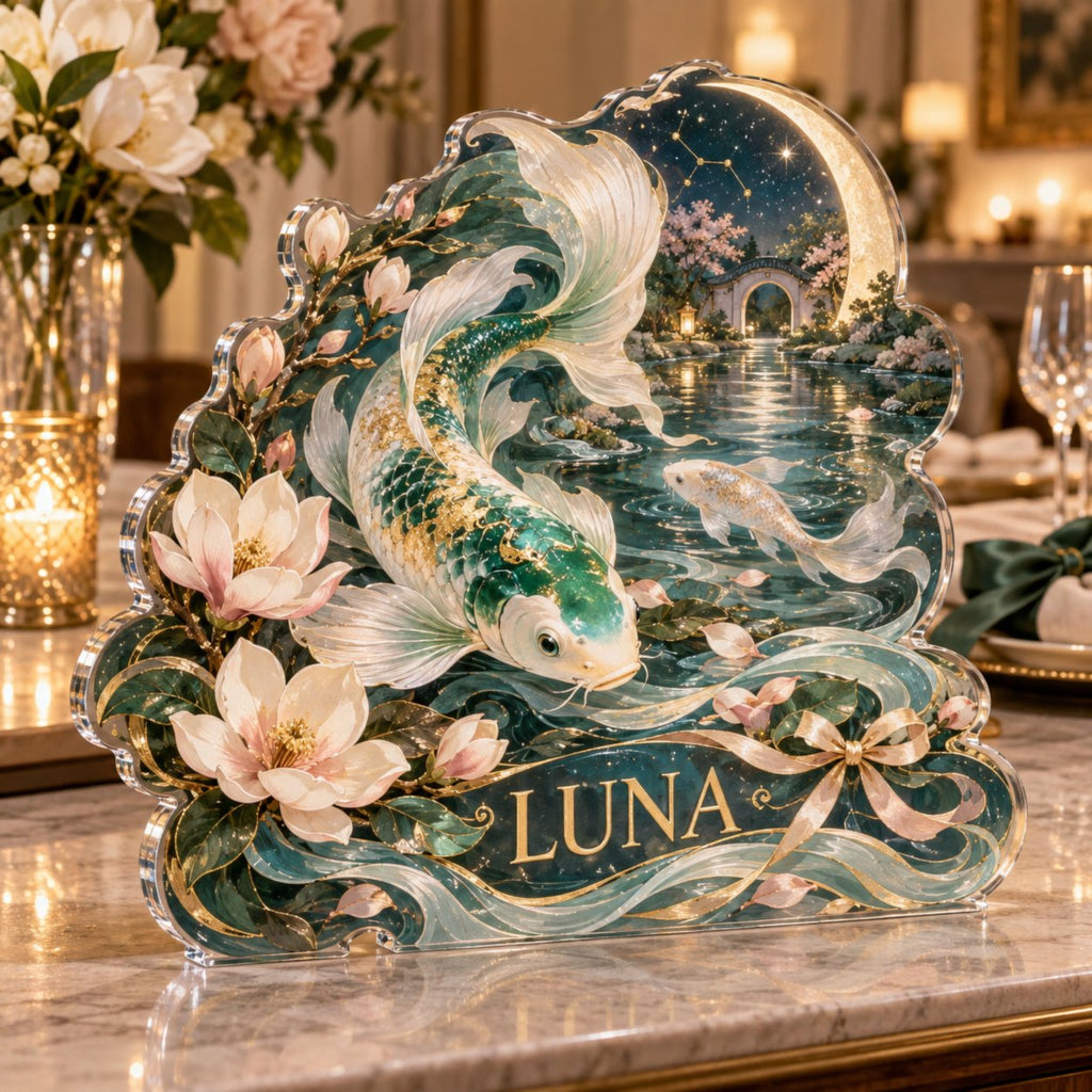 Personalized Celestial Koi Host Thank You Gift custom shape acrylic plaque with an example name set into the artwork, digital preview