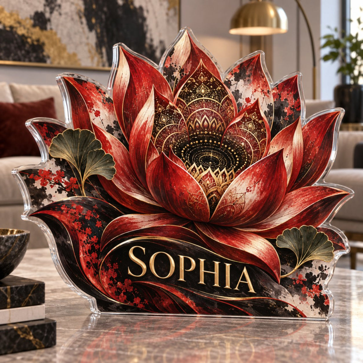 Personalized Red Lotus Mandala Living Room Focal Point custom shape acrylic plaque with an example name set into the artwork, digital preview