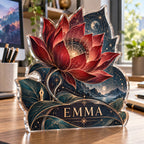 Personalized Red Lotus Mandala Home Office Backdrop custom shape acrylic plaque with an example name set into the artwork, digital preview