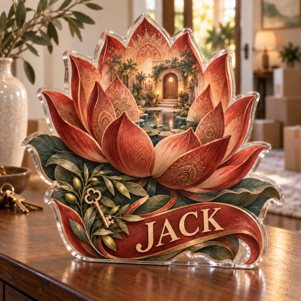 Personalized Red Lotus Mandala Housewarming custom shape acrylic plaque with an example name set into the artwork, digital preview