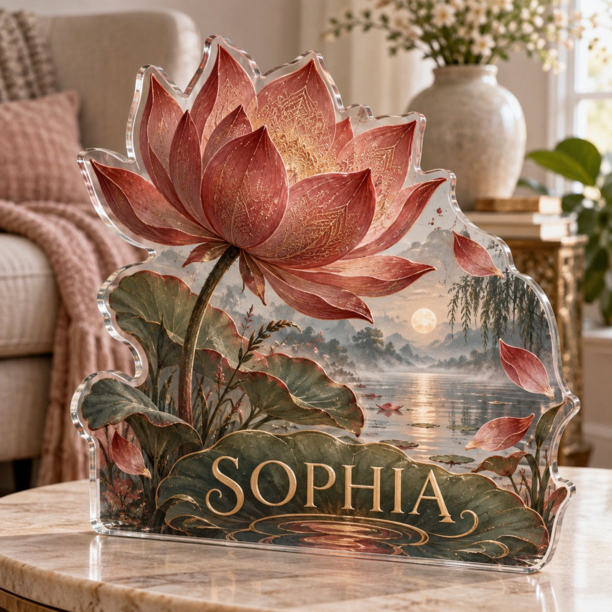 Personalized Red Lotus Mandala Quiet Corner Decoration custom shape acrylic plaque with an example name set into the artwork, digital preview